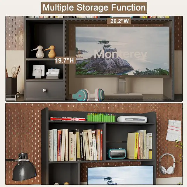 Alt view image 3 of 7 - Desktop Bookshelf, 36.4" DormDesk Hutch with 5 Shelves | Countertop Desk Hutch, 1 Drawer,for Computer Desk, Desk Shelf Organizer, Dorm Office Home, White