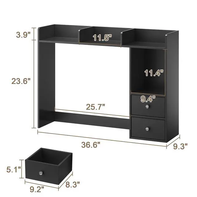 Alt view image 2 of 7 - Desktop Bookshelf with LED Lights and 4 Shelves | 36.6", 2 Drawers, Fits 27" Monitor, Desk Organizer Shelf, Dorm Office Home, Black
