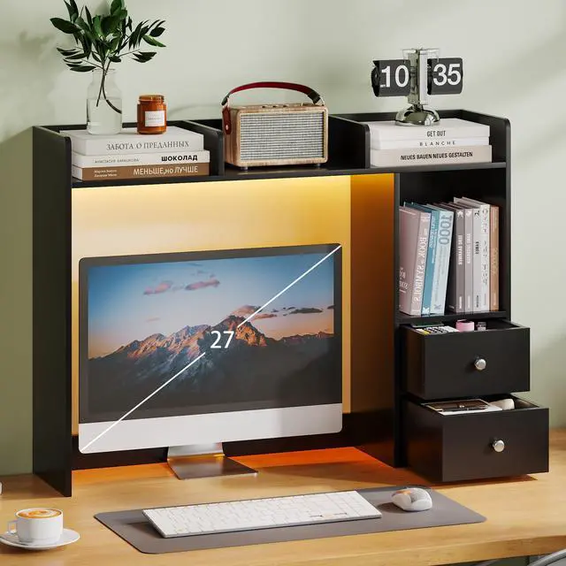 Main image of Desktop Bookshelf with LED Lights and 4 Shelves | 36.6", 2 Drawers, Fits 27" Monitor, Desk Organizer Shelf, Dorm Office Home, Black