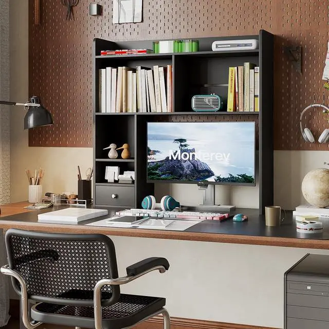 Alt view image 6 of 7 - Desktop Bookshelf, 36.4" DormDesk Hutch with 5 Shelves | Countertop Desk Hutch, 1 Drawer,for Computer Desk, Desk Shelf Organizer, Dorm Office Home, White
