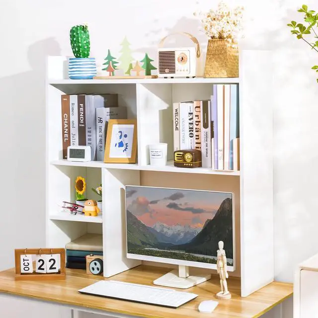 Main image of Desktop Shelf, Desk Hutch with 5 Shelves for Computer Desk, Desktop 3-Tier Display Rack, Multipurpose Wood Desktop Bookshelf Storage Organizer for Dorm Office Home, White