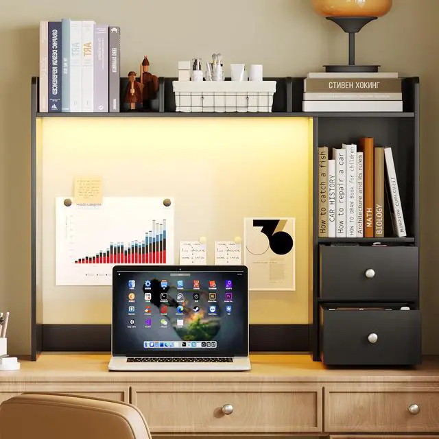 Alt view image 7 of 7 - Desktop Bookshelf with LED Lights and 4 Shelves | 36.6", 2 Drawers, Fits 27" Monitor, Desk Organizer Shelf, Dorm Office Home, Black