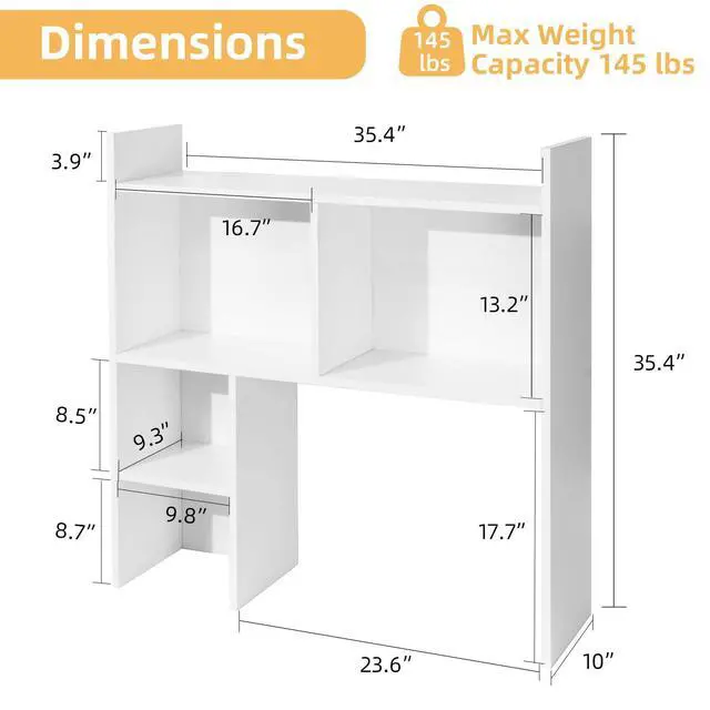 Alt view image 2 of 7 - Desktop Shelf, Desk Hutch with 5 Shelves for Computer Desk, Desktop 3-Tier Display Rack, Multipurpose Wood Desktop Bookshelf Storage Organizer for Dorm Office Home, White
