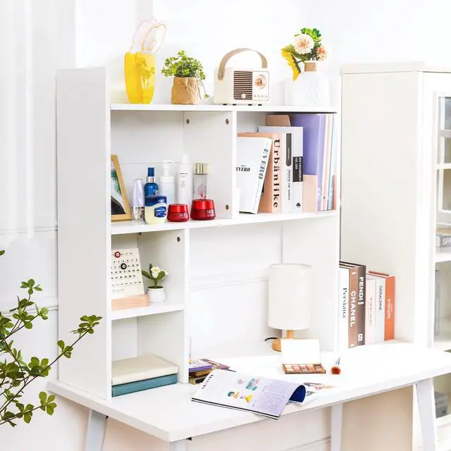 Alt view image 3 of 7 - Desktop Shelf, Desk Hutch with 5 Shelves for Computer Desk, Desktop 3-Tier Display Rack, Multipurpose Wood Desktop Bookshelf Storage Organizer for Dorm Office Home, White