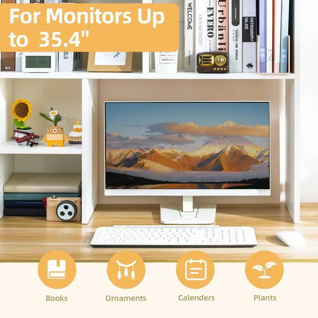 Alt view image 6 of 7 - Desktop Shelf, Desk Hutch with 5 Shelves for Computer Desk, Desktop 3-Tier Display Rack, Multipurpose Wood Desktop Bookshelf Storage Organizer for Dorm Office Home, White