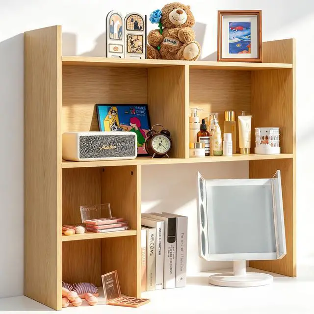 Main image of Desktop Shelf, Desk Hutch with 5 Shelves for Computer Desk, Desktop 3-Tier Display Rack, Multipurpose Wood Desktop Bookshelf Storage Organizer for Dorm Office Home, Natural