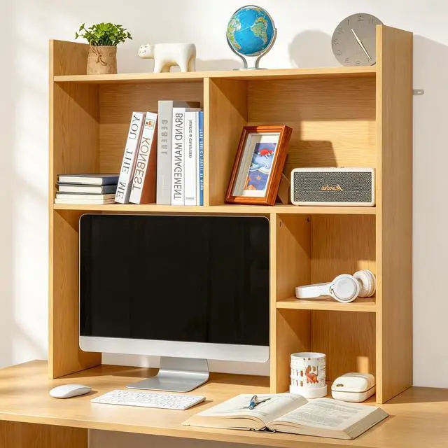 Alt view image 3 of 7 - Desktop Shelf, Desk Hutch with 5 Shelves for Computer Desk, Desktop 3-Tier Display Rack, Multipurpose Wood Desktop Bookshelf Storage Organizer for Dorm Office Home, Natural