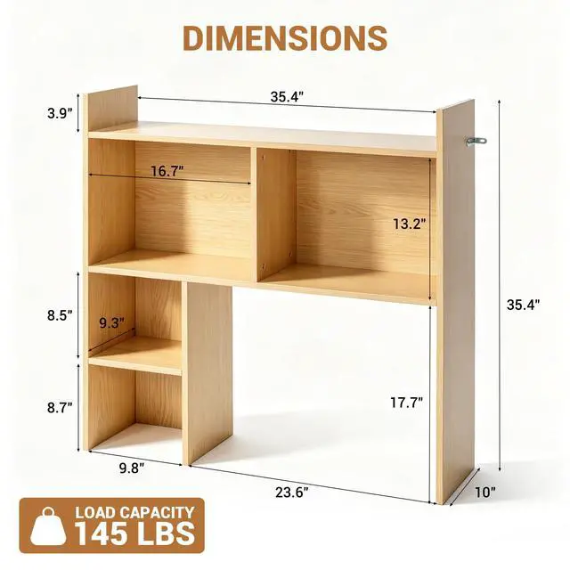 Alt view image 2 of 7 - Desktop Shelf, Desk Hutch with 5 Shelves for Computer Desk, Desktop 3-Tier Display Rack, Multipurpose Wood Desktop Bookshelf Storage Organizer for Dorm Office Home, Natural