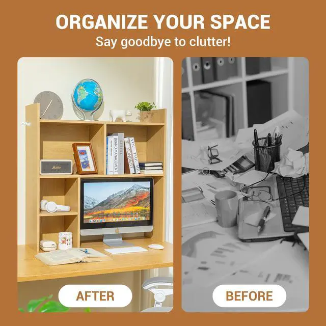 Alt view image 6 of 7 - Desktop Shelf, Desk Hutch with 5 Shelves for Computer Desk, Desktop 3-Tier Display Rack, Multipurpose Wood Desktop Bookshelf Storage Organizer for Dorm Office Home, Natural
