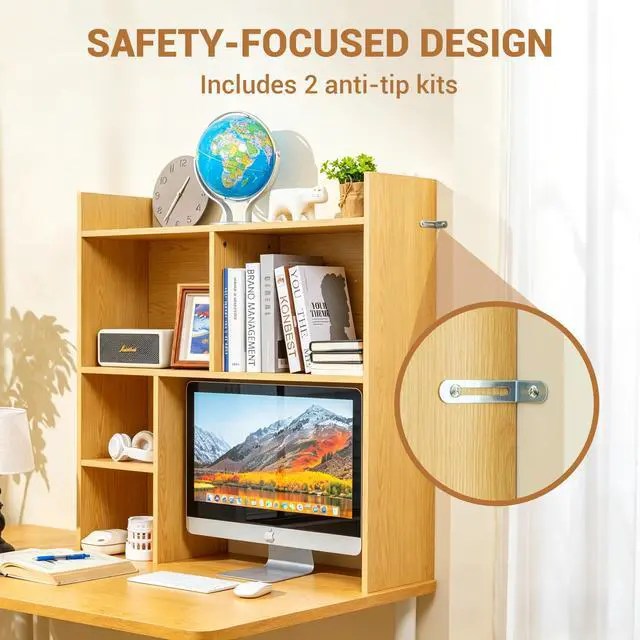 Alt view image 7 of 7 - Desktop Shelf, Desk Hutch with 5 Shelves for Computer Desk, Desktop 3-Tier Display Rack, Multipurpose Wood Desktop Bookshelf Storage Organizer for Dorm Office Home, Natural