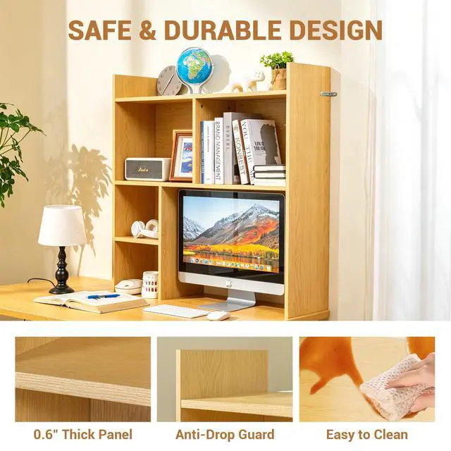 Alt view image 5 of 7 - Desktop Shelf, Desk Hutch with 5 Shelves for Computer Desk, Desktop 3-Tier Display Rack, Multipurpose Wood Desktop Bookshelf Storage Organizer for Dorm Office Home, Natural