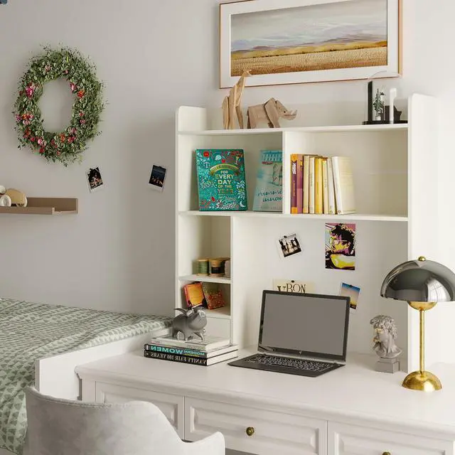 Alt view image 4 of 7 - Desktop Bookshelf, 36.4" DormDesk Hutch with 5 Shelves | Countertop Desk Hutch, 1 Drawer,for Computer Desk, Desk Shelf Organizer, Dorm Office Home, White