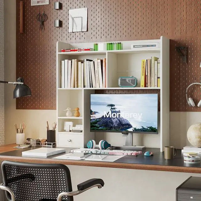 Alt view image 6 of 7 - Desktop Bookshelf, 36.4" DormDesk Hutch with 5 Shelves | Countertop Desk Hutch, 1 Drawer,for Computer Desk, Desk Shelf Organizer, Dorm Office Home, White