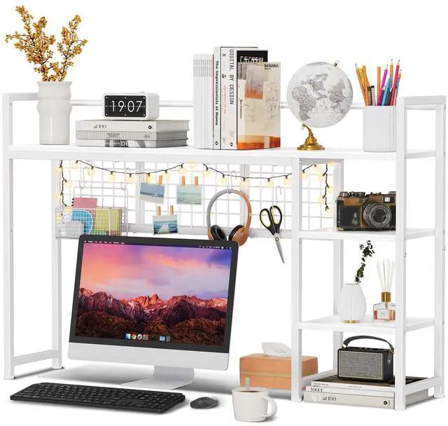 Main image of Desk Shelf, 44.9" Desktop Organizer Shelf, Desk Hutch for Computer Monitor, 4 Tier Desk Display Rack with Pegboard Hooks Set, Wood Desktop Bookshelf for Home Office Dorm