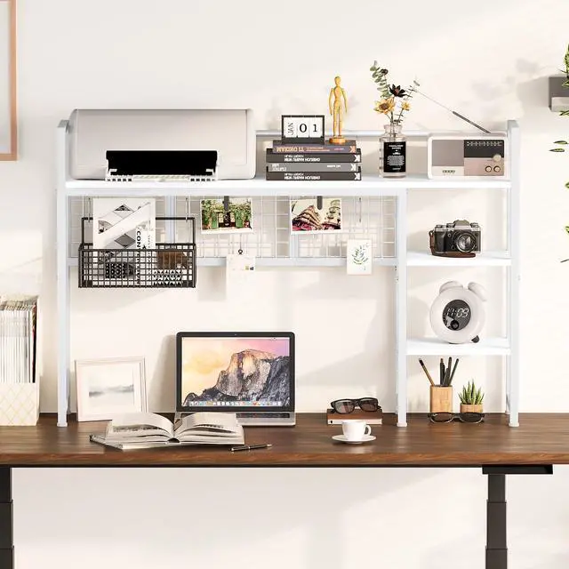 Alt view image 4 of 7 - Desk Shelf, 44.9" Desktop Organizer Shelf, Desk Hutch for Computer Monitor, 4 Tier Desk Display Rack with Pegboard Hooks Set, Wood Desktop Bookshelf for Home Office Dorm