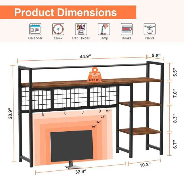 Alt view image 3 of 7 - Desk Shelf, 44.9" Desktop Organizer Shelf, Desk Hutch for Computer Monitor, 4 Tier Desk Display Rack with Pegboard Hooks Set, Wood Desktop Bookshelf for Home Office Dorm