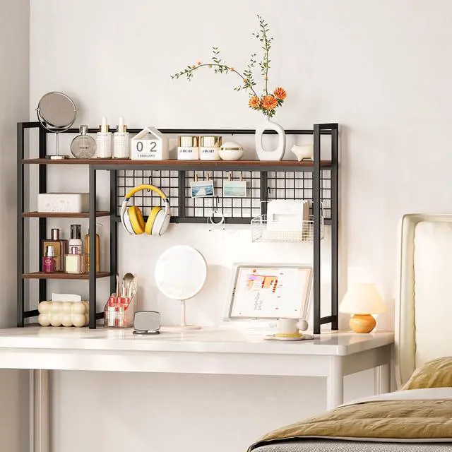 Alt view image 5 of 7 - Desk Shelf, 44.9" Desktop Organizer Shelf, Desk Hutch for Computer Monitor, 4 Tier Desk Display Rack with Pegboard Hooks Set, Wood Desktop Bookshelf for Home Office Dorm