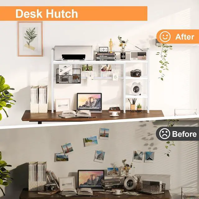 Alt view image 7 of 7 - Desk Shelf, 44.9" Desktop Organizer Shelf, Desk Hutch for Computer Monitor, 4 Tier Desk Display Rack with Pegboard Hooks Set, Wood Desktop Bookshelf for Home Office Dorm