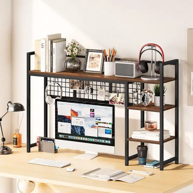 Alt view image 2 of 7 - Desk Shelf, 44.9" Desktop Organizer Shelf, Desk Hutch for Computer Monitor, 4 Tier Desk Display Rack with Pegboard Hooks Set, Wood Desktop Bookshelf for Home Office Dorm