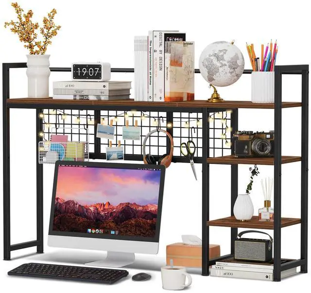 Main image of Desk Shelf, 44.9" Desktop Organizer Shelf, Desk Hutch for Computer Monitor, 4 Tier Desk Display Rack with Pegboard Hooks Set, Wood Desktop Bookshelf for Home Office Dorm