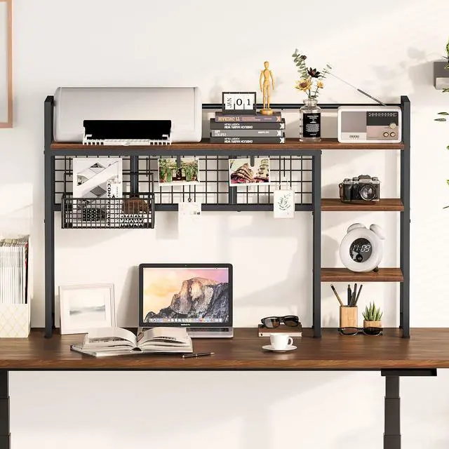 Alt view image 4 of 7 - Desk Shelf, 44.9" Desktop Organizer Shelf, Desk Hutch for Computer Monitor, 4 Tier Desk Display Rack with Pegboard Hooks Set, Wood Desktop Bookshelf for Home Office Dorm