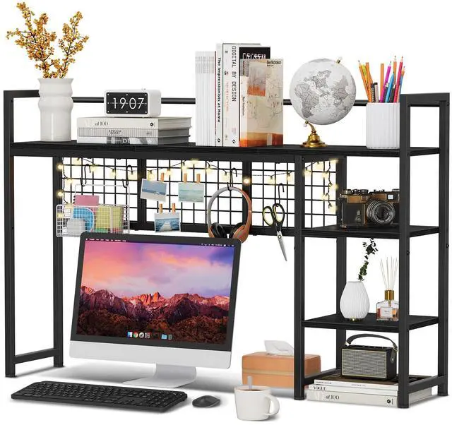 Main image of Desk Shelf, 44.9" Desktop Organizer Shelf, Desk Hutch for Computer Monitor, 4 Tier Desk Display Rack with Pegboard Hooks Set, Wood Desktop Bookshelf for Home Office Dorm