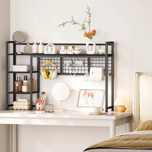 Alt view image 5 of 7 - Desk Shelf, 44.9" Desktop Organizer Shelf, Desk Hutch for Computer Monitor, 4 Tier Desk Display Rack with Pegboard Hooks Set, Wood Desktop Bookshelf for Home Office Dorm