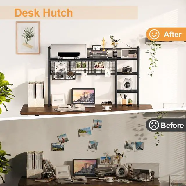 Alt view image 7 of 7 - Desk Shelf, 44.9" Desktop Organizer Shelf, Desk Hutch for Computer Monitor, 4 Tier Desk Display Rack with Pegboard Hooks Set, Wood Desktop Bookshelf for Home Office Dorm