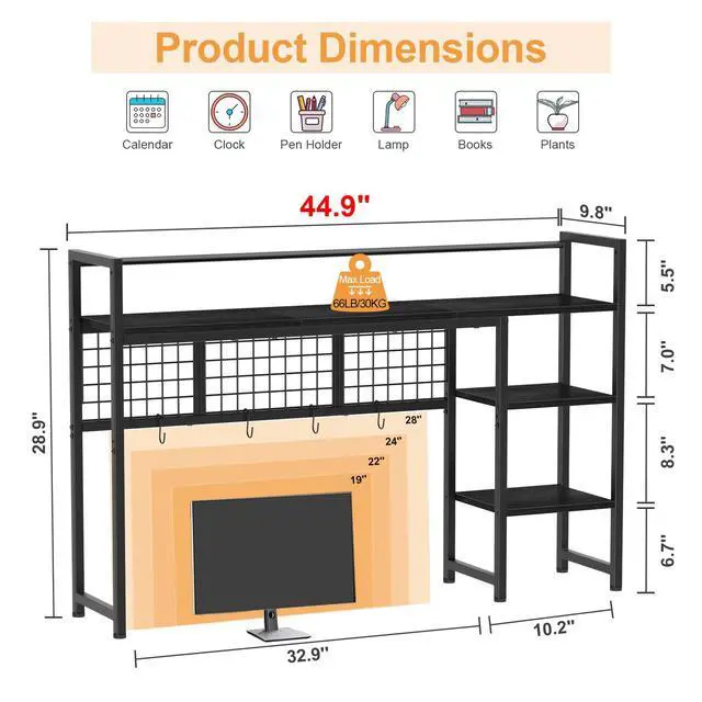 Alt view image 3 of 7 - Desk Shelf, 44.9" Desktop Organizer Shelf, Desk Hutch for Computer Monitor, 4 Tier Desk Display Rack with Pegboard Hooks Set, Wood Desktop Bookshelf for Home Office Dorm
