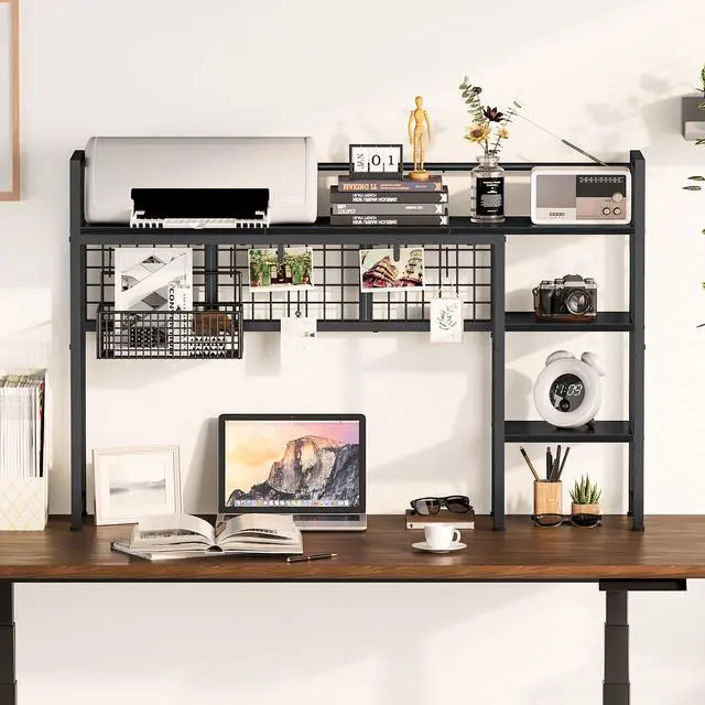Alt view image 4 of 7 - Desk Shelf, 44.9" Desktop Organizer Shelf, Desk Hutch for Computer Monitor, 4 Tier Desk Display Rack with Pegboard Hooks Set, Wood Desktop Bookshelf for Home Office Dorm