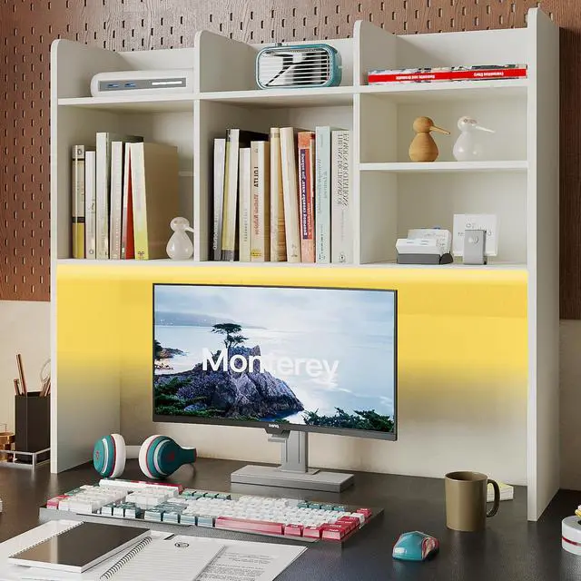 Main image of Desk Hutch Dorm with LED Lights, Desktop Bookshelf with 7 Shelves | Desktop Shelf, Bookshelf Storage for College Dorm Office Home, White
