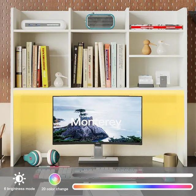 Alt view image 3 of 7 - Desk Hutch Dorm with LED Lights, Desktop Bookshelf with 7 Shelves | Desktop Shelf, Bookshelf Storage for College Dorm Office Home, White