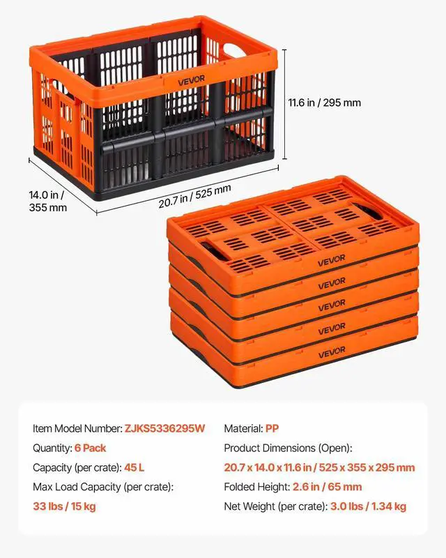 Alt view image 7 of 7 - Plastic Collapsible Storage Bins, 45L 6 Packs, Stackable Folding Storage Crates with Handles, Holds 33 lbs Per Bin, Foldable Heavy Duty Containers, Space-Saving Baskets, for Home Organizing
