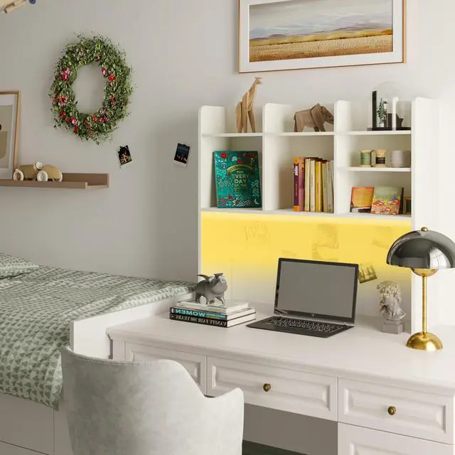 Alt view image 6 of 7 - Desk Hutch Dorm with LED Lights, Desktop Bookshelf with 7 Shelves | Desktop Shelf, Bookshelf Storage for College Dorm Office Home, White