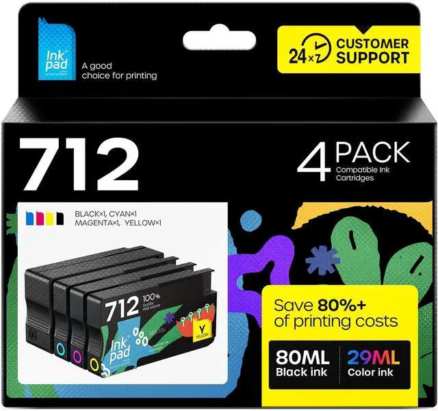 Main image of 712XL Ink Cartridges Replacement for HP 712 Ink Cartridges, 4 Pack | Work with HP DesignJet T210 T650 T630 T230 Studio Plotter Printer, Easy Install, High Yield, 80-ml Black + 29-ml CoIor