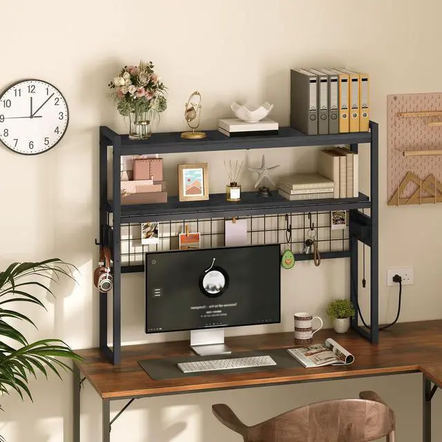 Alt view image 2 of 7 - Desktop Bookcase, 37.4" Large Desk Shelf, 2-Tier Desktop Organizer, Wooden Office Storage Rack with Outlets, Display Shelf Rack with Light Strip, Desk Hutch for Office, Black BB13UDSJ01