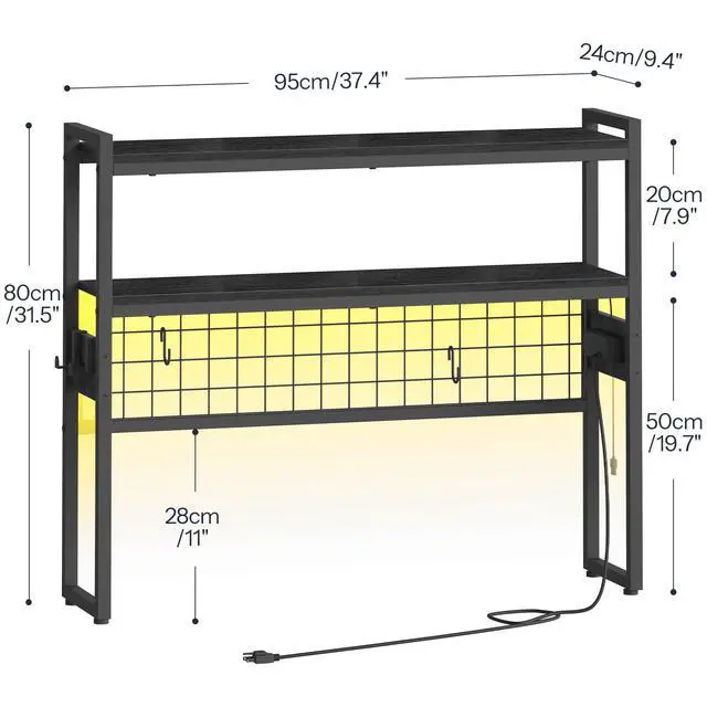 Alt view image 3 of 7 - Desktop Bookcase, 37.4" Large Desk Shelf, 2-Tier Desktop Organizer, Wooden Office Storage Rack with Outlets, Display Shelf Rack with Light Strip, Desk Hutch for Office, Black BB13UDSJ01