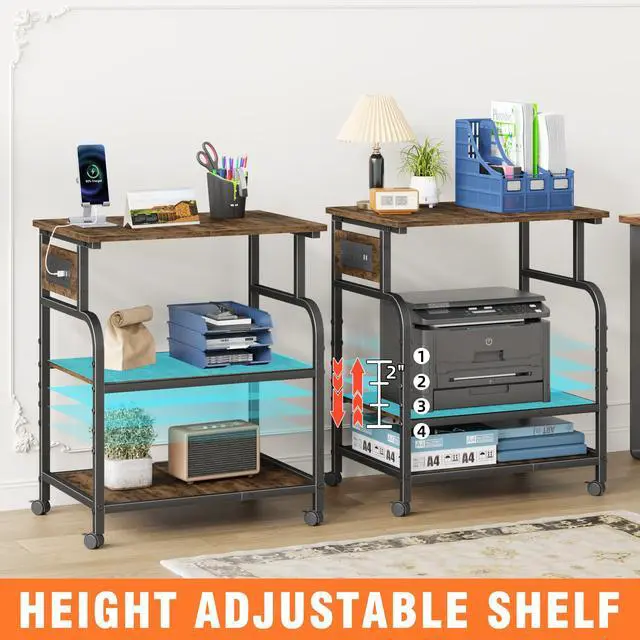 Alt view image 3 of 7 - 3 Tier Large Printer Stand with Power Outlet/Adjustable Shelf | 22"x15" Large Top,Fit 2-3 printers,Rolling Cart with Wheels,Table for Home Office,Fit 3D Printer/Heat Press/Laser,Brown