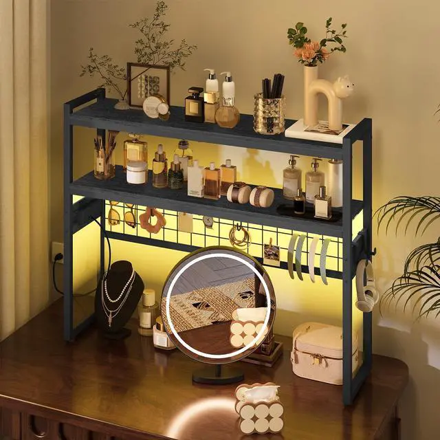 Alt view image 6 of 7 - Desktop Bookcase, 37.4" Large Desk Shelf, 2-Tier Desktop Organizer, Wooden Office Storage Rack with Outlets, Display Shelf Rack with Light Strip, Desk Hutch for Office, Black BB13UDSJ01
