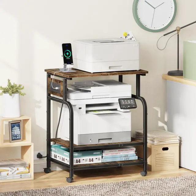 Alt view image 2 of 7 - 3 Tier Large Printer Stand with Power Outlet/Adjustable Shelf | 22"x15" Large Top,Fit 2-3 printers,Rolling Cart with Wheels,Table for Home Office,Fit 3D Printer/Heat Press/Laser,Brown