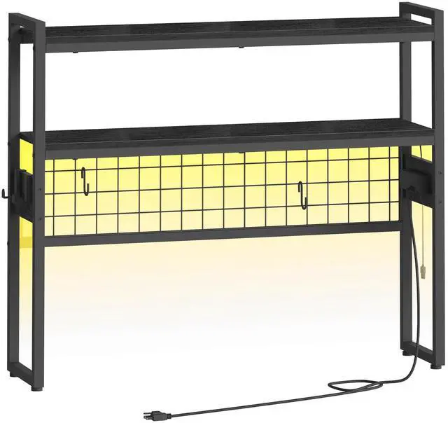 Main image of Desktop Bookcase, 37.4" Large Desk Shelf, 2-Tier Desktop Organizer, Wooden Office Storage Rack with Outlets, Display Shelf Rack with Light Strip, Desk Hutch for Office, Black BB13UDSJ01