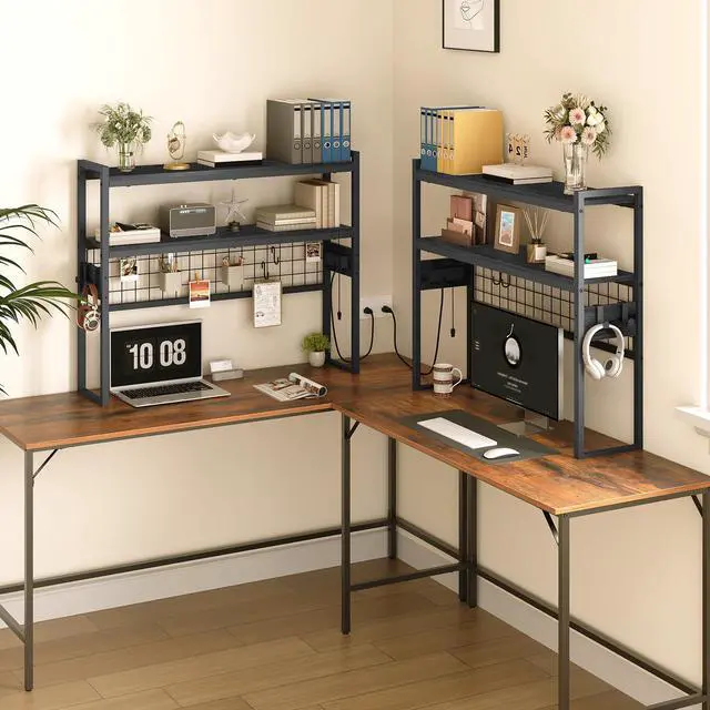 Alt view image 5 of 7 - Desktop Bookcase, 37.4" Large Desk Shelf, 2-Tier Desktop Organizer, Wooden Office Storage Rack with Outlets, Display Shelf Rack with Light Strip, Desk Hutch for Office, Black BB13UDSJ01