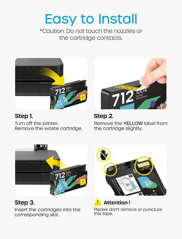 Alt view image 4 of 7 - 712XL Ink Cartridges Replacement for HP 712 Ink Cartridges, 4 Pack | Work with HP DesignJet T210 T650 T630 T230 Studio Plotter Printer, Easy Install, High Yield, 80-ml Black + 29-ml CoIor