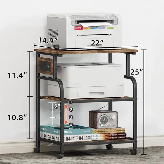 Alt view image 5 of 7 - 3 Tier Large Printer Stand with Power Outlet/Adjustable Shelf | 22"x15" Large Top,Fit 2-3 printers,Rolling Cart with Wheels,Table for Home Office,Fit 3D Printer/Heat Press/Laser,Brown