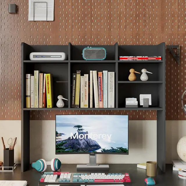 Alt view image 3 of 7 - Desk Hutch Dorm, Desktop Bookshelf with 7 Shelves | Desktop Shelf, Bookshelf Storage for College Dorm Office Home, Black