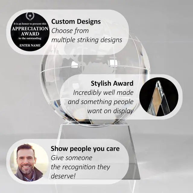 Alt view image 4 of 4 - Personalized Engraved Thank You Award - Laser Engraved Design - Thank You - Add Your Own Text - Includes Gift Box - Thank You Award (Optic Crystal Globe)
