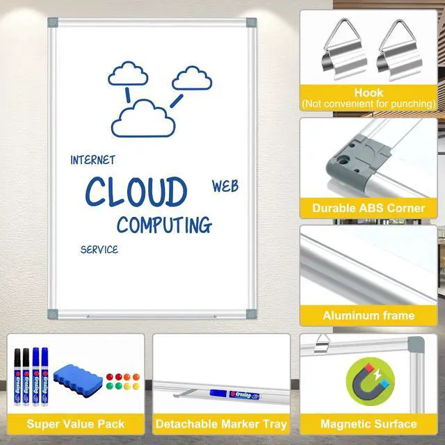 Alt view image 2 of 7 - Dry Erase Board 48 X 36 Inch, 4' X 3' Wall-Mounted White Board with Marker Tray, Presentation Board for Home Office Classroom