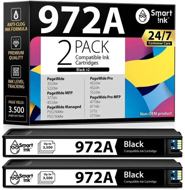 Main image of Compatible Ink Cartridge Replacement for HP 972A 972 A (Set of 2 Black, Combo Pack) to use with HP PageWide Pro 477dw 577dw 452dw 477dn 452dn 577z 552dw 377dw P55250dw Printer
