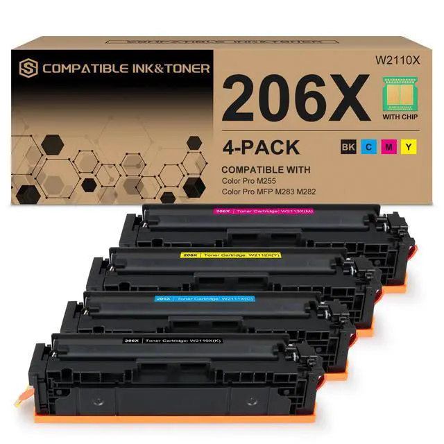 Main image of 206X 206A High Yield Toner Cartridges 4 Pack (with Chip) Works with HP Color Pro MFP M283fdw M283cdw, Pro M255dw M255nw, MFP M282nw M283 M282 M255 Printer | W2110X W2111X W2112X W2113X 206A W2110A