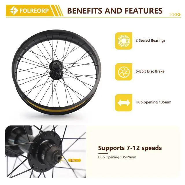 Alt view image 4 of 7 - 20/26 Inch X 4.0" Fat Tire Bike Front Wheel Aluminum Alloy Rim 36H Disc Brake 14G Spokes Beach Bike Wheel 135mm Hub, 9mm Quick Release for 7/8/9/10s Rotary Freewheel Snow Beach E-Bike